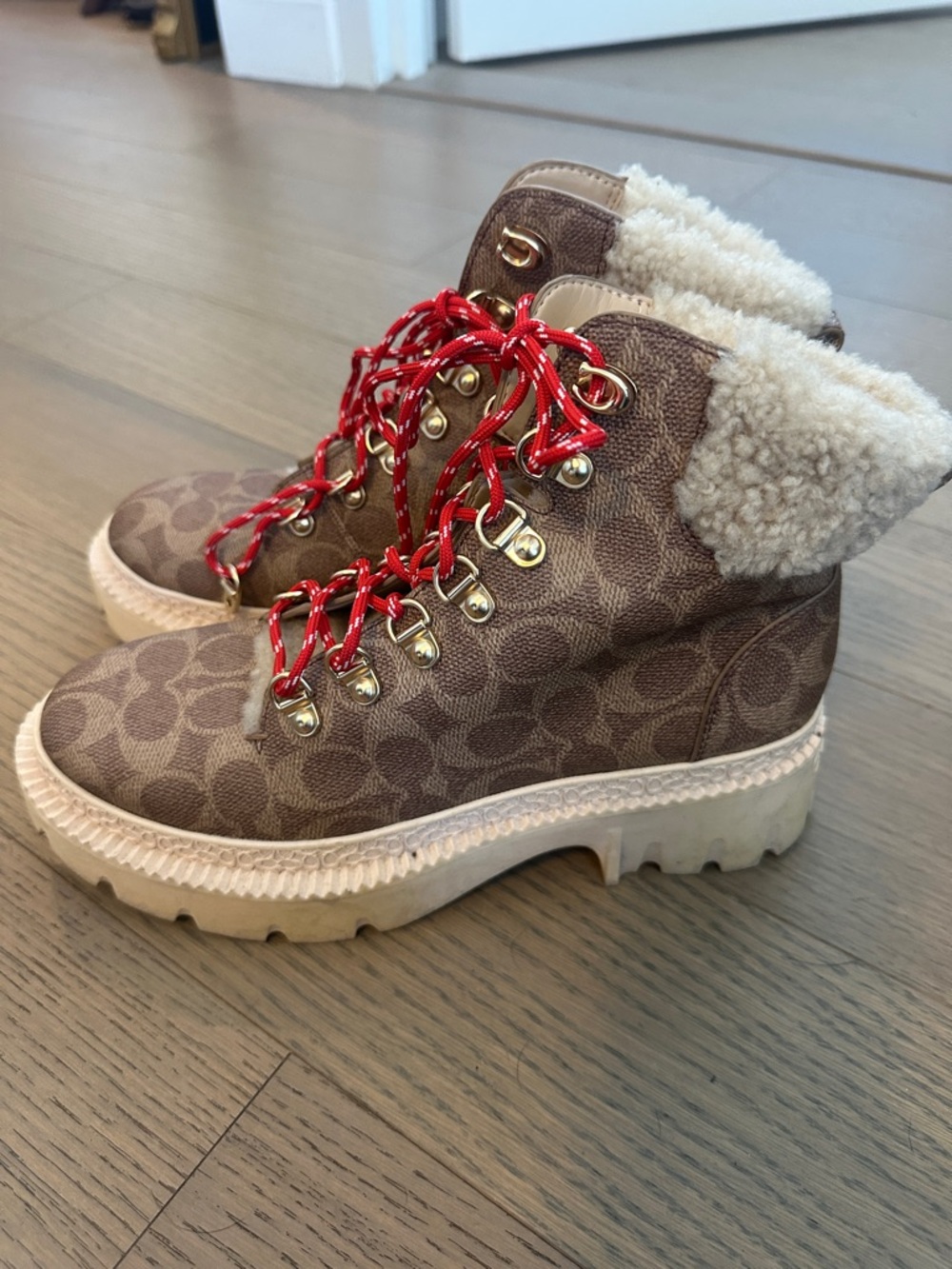 Coach Brown Signature Monogram Hiker Boots with Red Laces